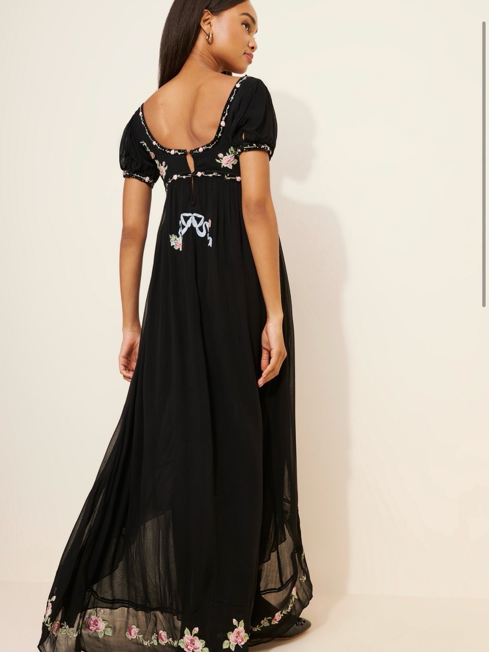For Love & Lemons Rosemarie Black Maxi Dress with Pink Floral & Bows Embroidery - Picture 11 of 11